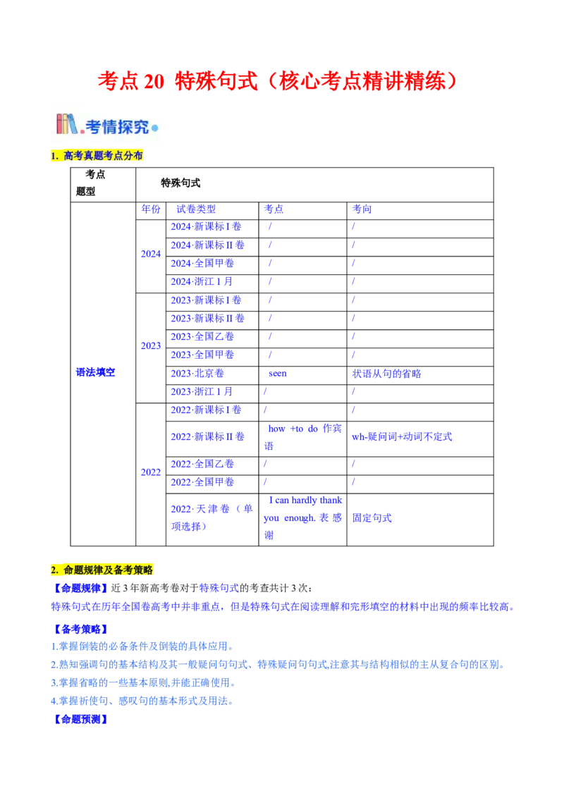 考点20特殊句式（核心考点精讲精练）-备战2025年高考英语一轮复习考点帮（新高考通用）（解析版）_3.2025英语总复习_2025年新高考资料_一轮复习_备战2025年高考英语一轮复习考点帮