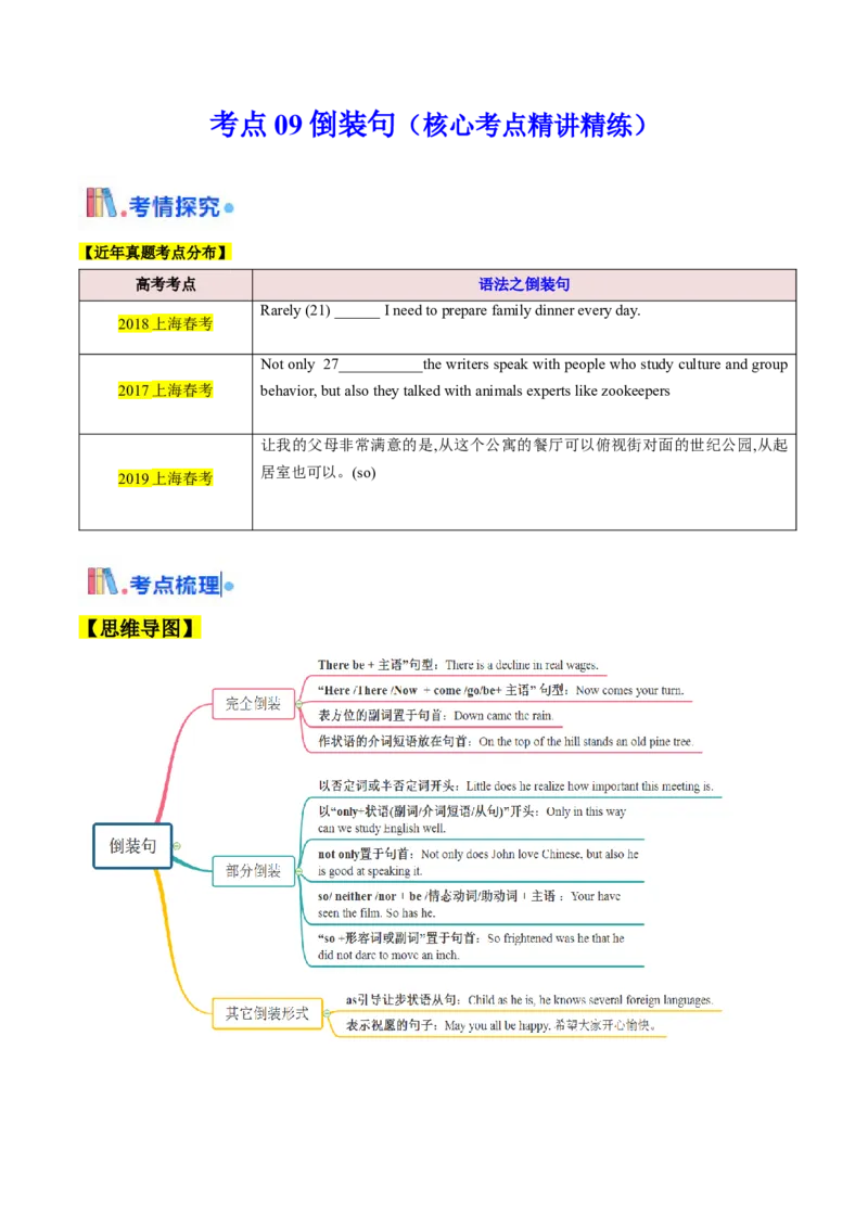 考点09倒装句（核心考点精讲精练）（原题版）_3.2025英语总复习_2025年新高考资料_一轮复习_备战2025年高考英语一轮复习考点帮_备战2025年高考英语一轮复习考点帮（上海专用）