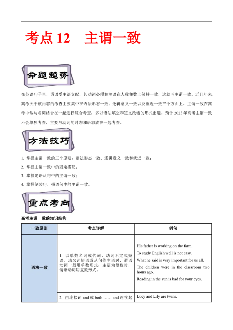 考点12主谓一致（核心考点精讲练）(原卷版)-备战2023年高考英语一轮复习考点帮（全国通用）_3.2025英语总复习_赠品通用版（老高考）复习资料_一轮复习