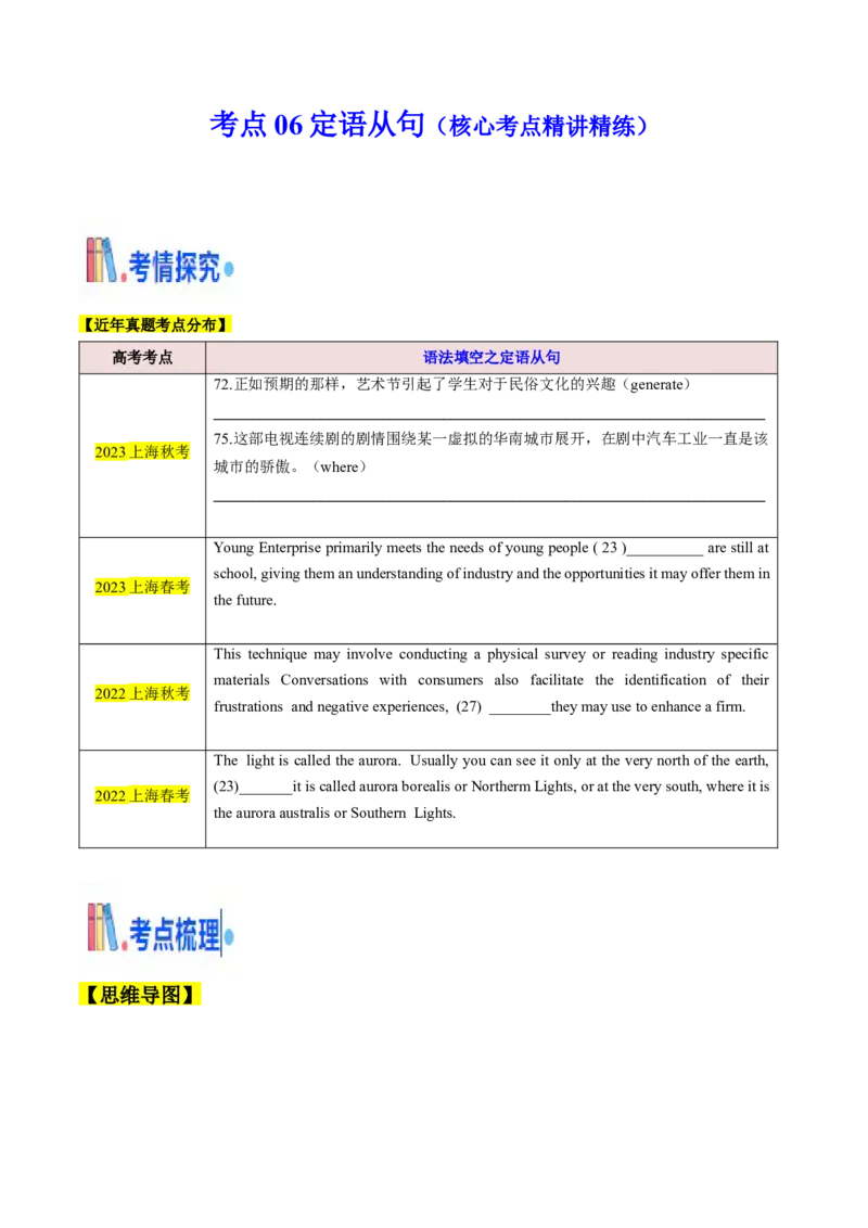考点06定语从句（核心考点精讲精练）（原题版）_3.2025英语总复习_2025年新高考资料_一轮复习_备战2025年高考英语一轮复习考点帮_备战2025年高考英语一轮复习考点帮（上海专用）