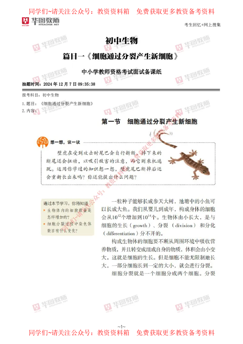 生物_教资初高中_教资面试2025教资面试备考资料合集_教资面试资料合集_4、教资面试真题汇总_2024下半年教资面试真题_华图试讲解析版