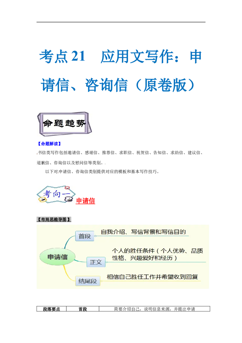 考点21应用文写作：申请信、咨询信（原卷版）_3.2025英语总复习_2023年新高考资料_一轮复习_备战2023年高考英语一轮复习考点帮（新高考专用）