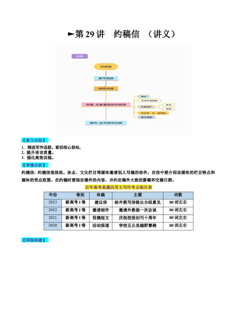 第29讲应用文写作之约稿信（讲义）-2024年高考英语一轮复习讲练测（新教材新高考）（解析版）_3.2025英语总复习_2024年新高考资料_1.2024一轮复习_第一-六部分