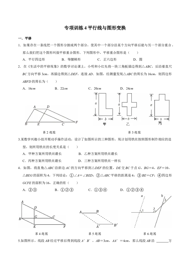 专项训练4平行线与图形变换（学生版）_初中数学_七年级数学下册（人教版）_分层作业