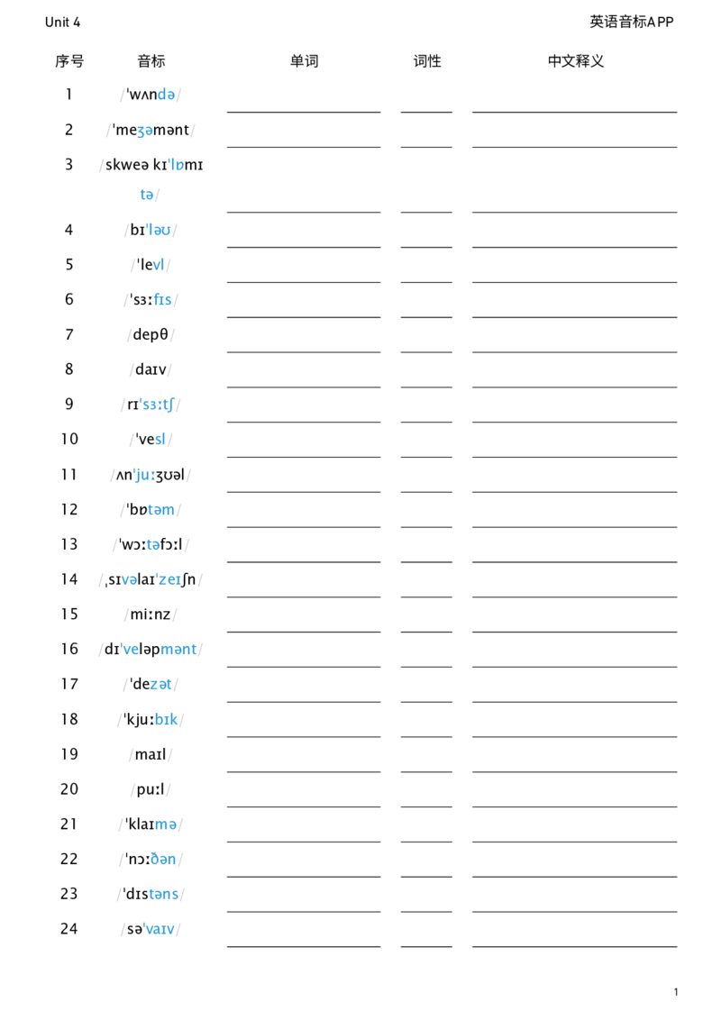 2026春人教版英语八下Unit4看音标默单词_新人教八下资料包_04单词背诵默写8个表（全）