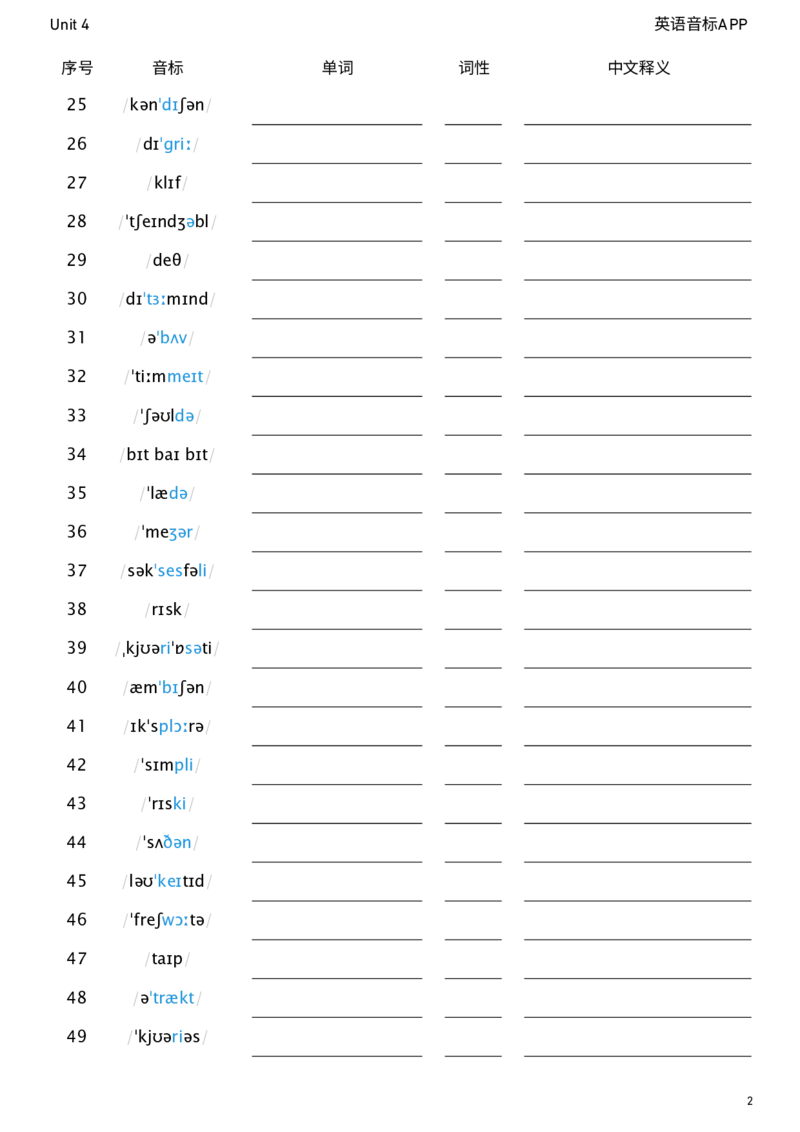 2026春人教版英语八下Unit4看音标默单词_新人教八下资料包_04单词背诵默写8个表（全）