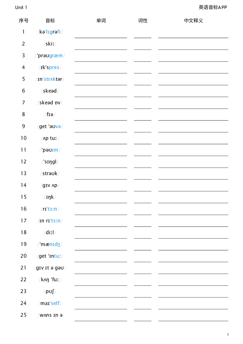 2026春人教版英语八下Unit1看音标默单词_新人教八下资料包_04单词背诵默写8个表（全）