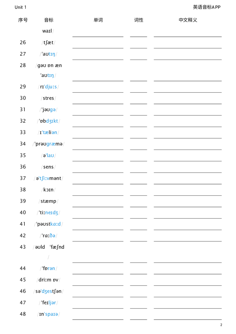 2026春人教版英语八下Unit1看音标默单词_新人教八下资料包_04单词背诵默写8个表（全）