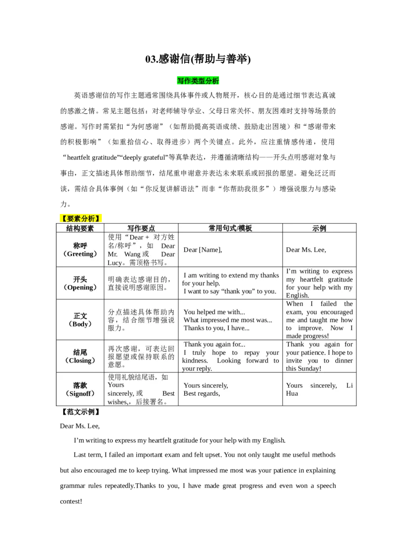03.感谢信(帮助与善举)(学生版)_新人教八下资料包_35赠送其它_八年级英语下册（人教版）_写作万能模板与题型通-U51_写作万能模板与题型通关