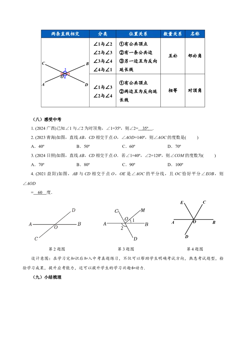 7.1.1两条直线相交（教学设计）-（人教版2024）_初中数学_七年级数学下册（人教版）_教学设计