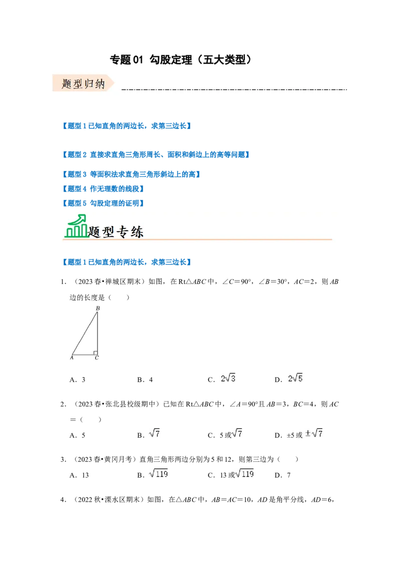 专题01勾股定理（五大类型）（题型专练）（学生版）_初中数学_八年级数学下册（人教版）_知识解读与题型专练-V14_2024版