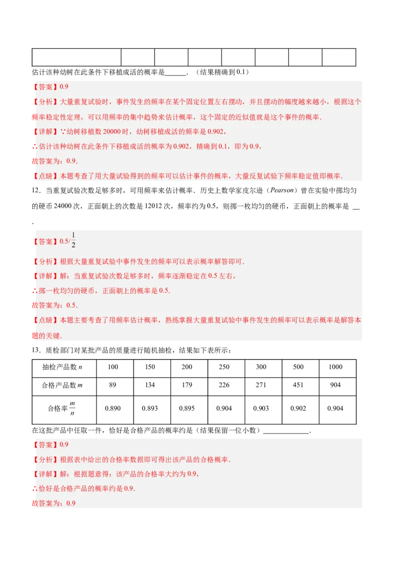 25.3用频率估计概率（第一课时）（分层作业）解析版_初中数学_九年级数学上册（人教版）_分层作业