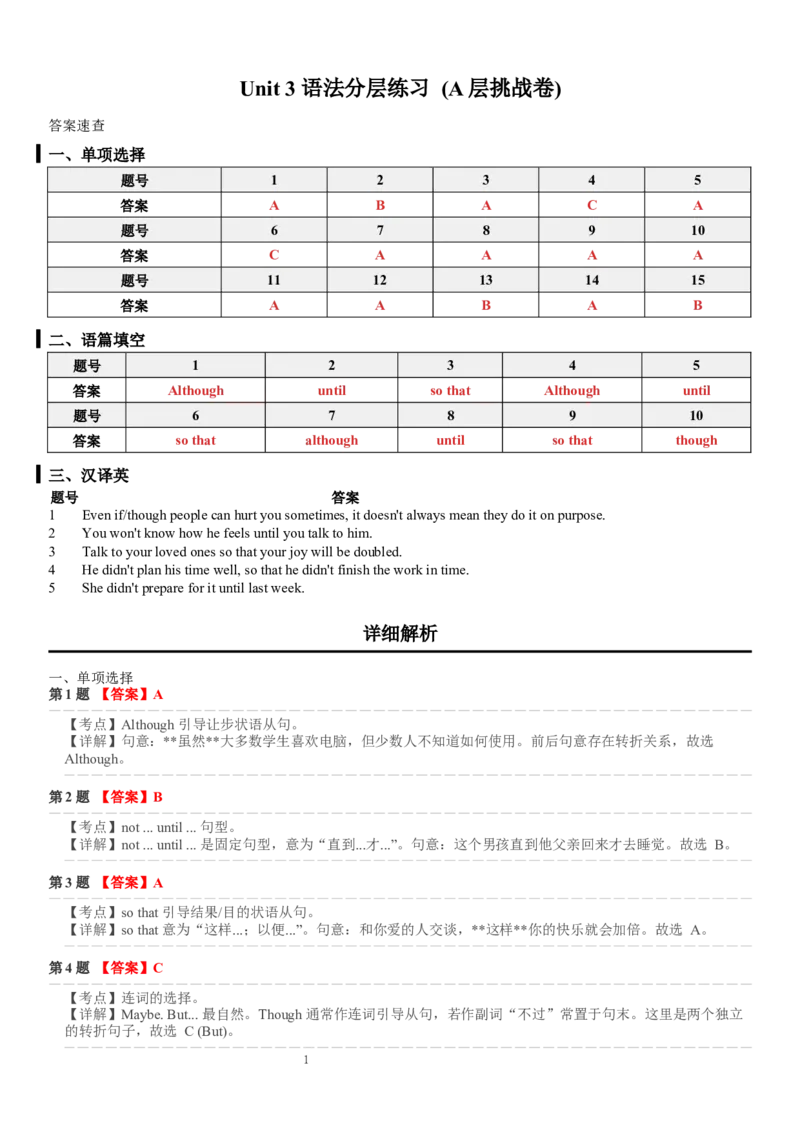 Unit_3_语法分层练习_(A层挑战卷)答案解析_新人教八下资料包_30语法总结+语法分层练习(全)_26新八下英语单元语法分层练习（答案解析）