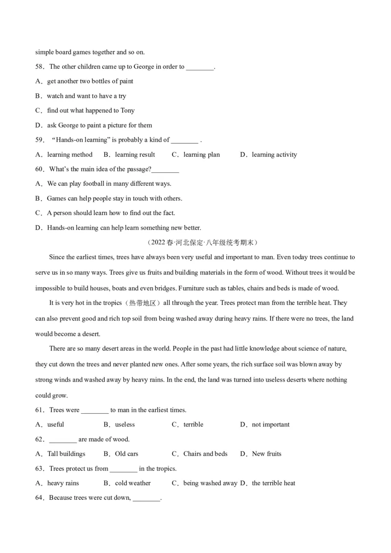 专题08阅读理解（名校期末真题专练）-八年级英语下（人教版）（学生版）_新人教八下资料包_35赠送其它_八年级英语下册（人教版）_期中期末