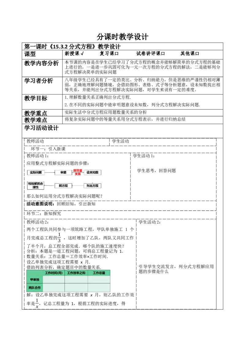 《15.3.2分式方程》教学设计_初中数学_八年级数学上册（人教版）_大单元教学课件+教学设计-U42_15.3.2分式方程课件（25张PPT）+教案+大单元教学设计