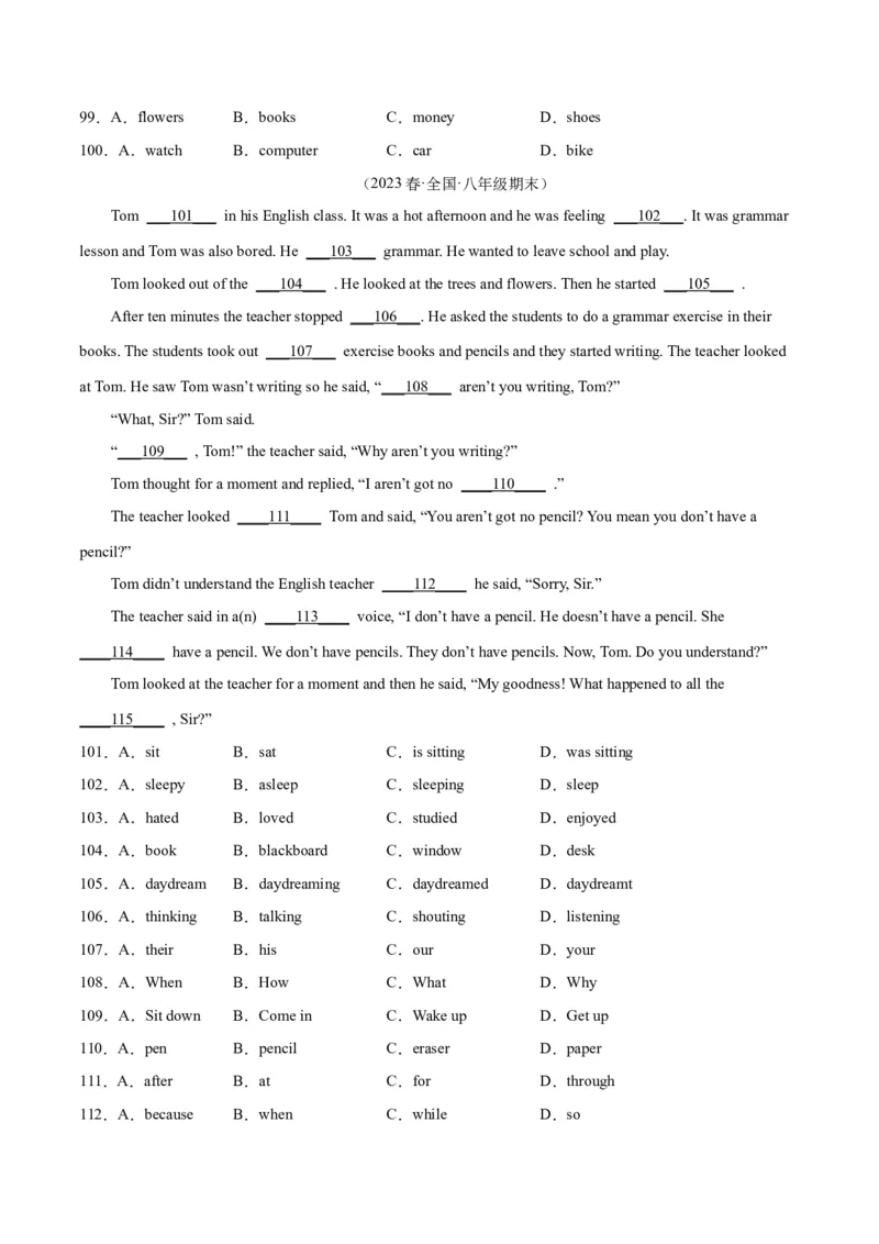 专题07完形填空（名校期末真题专练）-八年级英语下（人教版）（学生版）_新人教八下资料包_35赠送其它_八年级英语下册（人教版）_期中期末