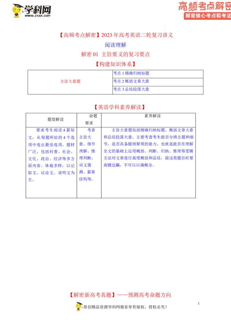 阅读理解解密01主旨要义（讲义）-高频考点解密2023年高考英语二轮复习讲义+分层训练（新高考专用）（教师版）_3.2025英语总复习_2023年新高考资料_二轮复习