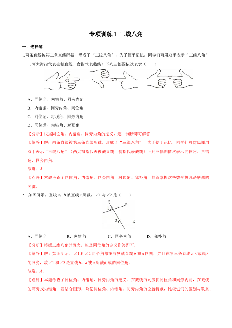 专项训练1三线八角（教师版）_初中数学_七年级数学下册（人教版）_分层作业