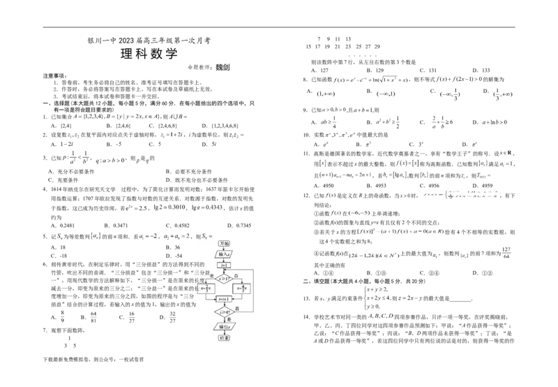 宁夏银川一中2023届高三上学期第一次月考数学（理）试题+Word版含答案_2.2025数学总复习_数学高考模拟题_2023年模拟题_老高考_宁夏银川一中2023届高三上学期第一次月考数学