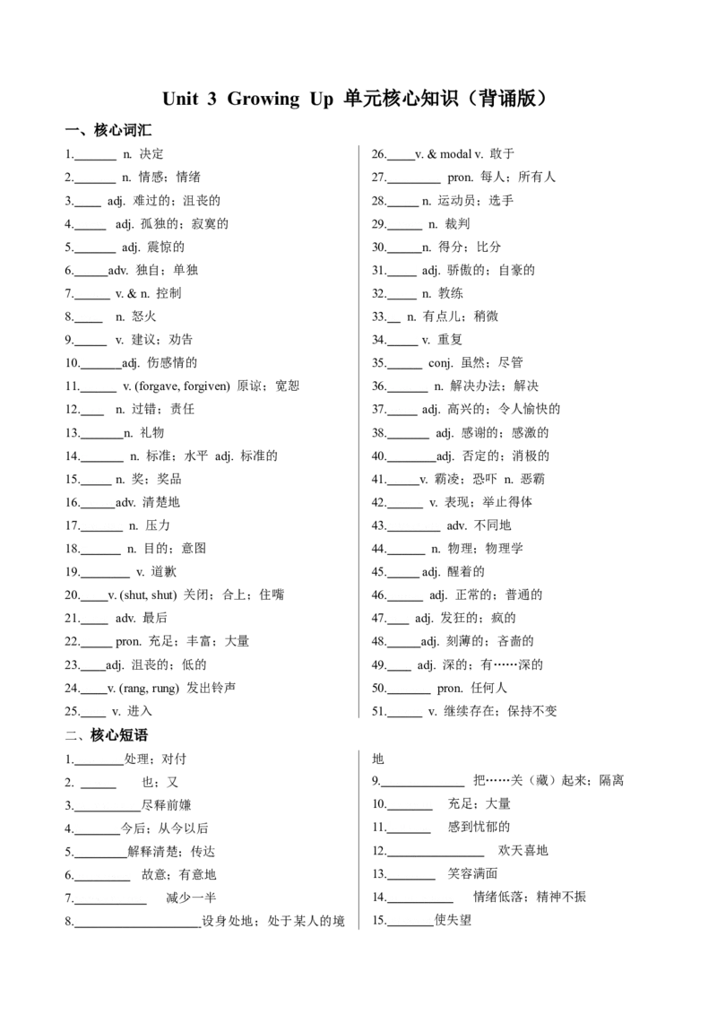 Unit3GrowingUp单元核心知识（背诵默写任务单）（默写版）_新人教八下资料包_00、更新资料3月16日_专项练习(2)_新课标资料（看这里面）