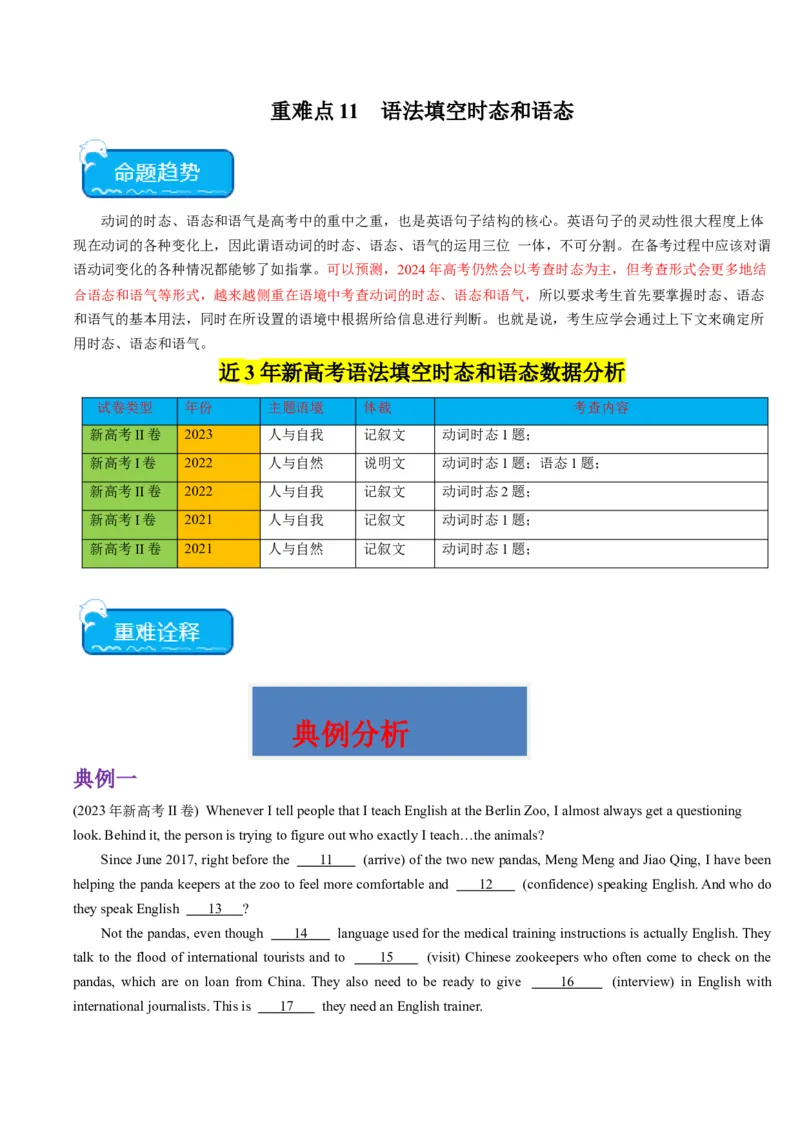 重难点11语法填空时态和语态-2024年高考英语热点&middot;重点&middot;难点专练(原卷版）（新高考专用）_3.2025英语总复习_2024年新高考资料_3.2024专项复习