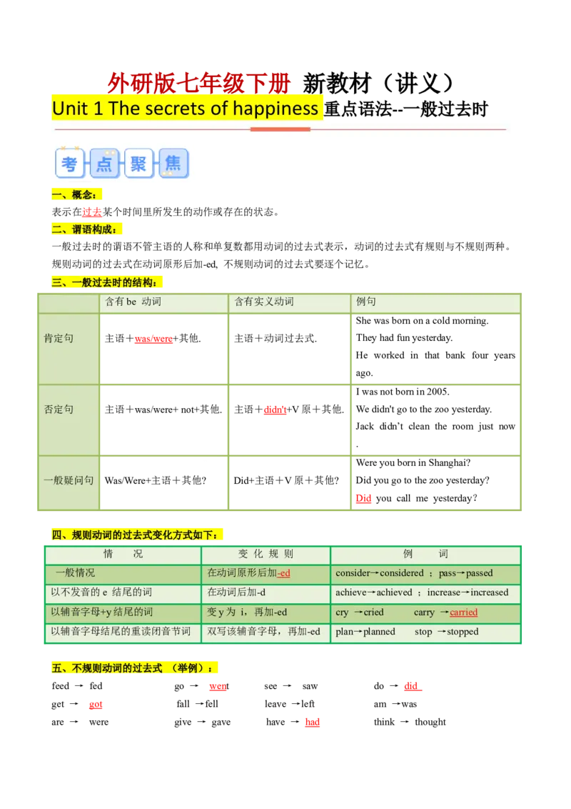 Unit1Thesecretsofhappiness--重点语法：一般过去时（教师版）_七下外研版2026英语_2025春_12.重点语法_Unit1Thesecretsofhappiness--重点语法：一般过去时（教师版+学生版）