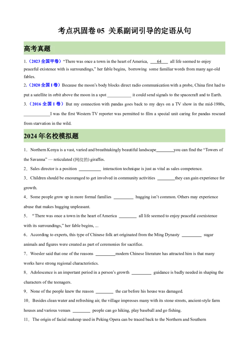 考点巩固卷05关系副词引导的定语从句（原卷版）_3.2025英语总复习_2025年新高考资料_一轮复习_2025年高考英语一轮复习考点通关卷（新高考通用）