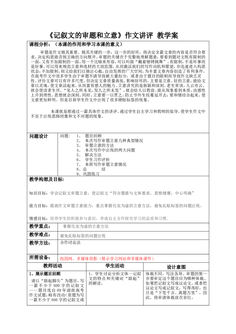 《记叙文的审题和立意》教学案_高中语文上册_语文赠品_编号02：语文：市骨干教师竞赛作品（64份）