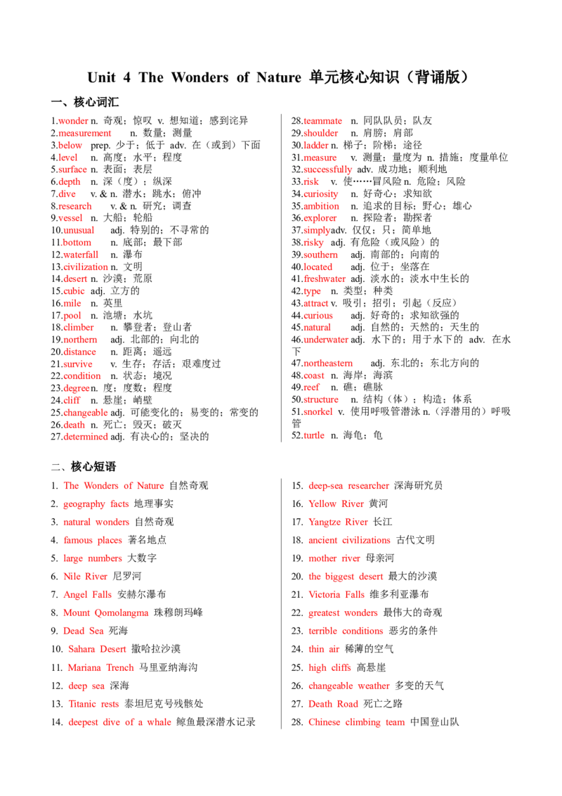 Unit4TheWondersofNature单元核心知识（背诵默写任务单）（背诵版）_新人教八下资料包_00、更新资料3月16日_专项练习(2)_新课标资料（看这里面）