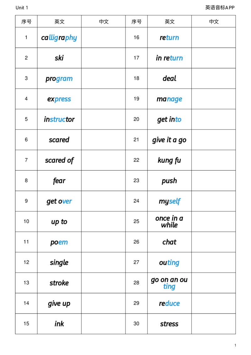 2026春人教版英语八下Unit1英译中_新人教八下资料包_04单词背诵默写8个表（全）