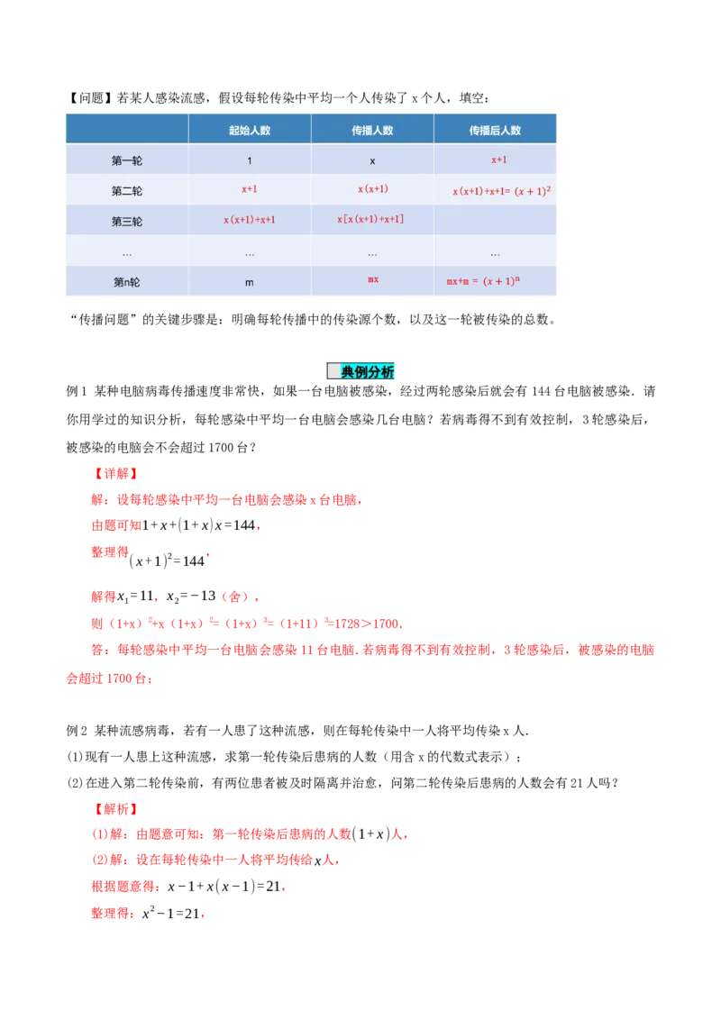 21.3实际问题与一元二次方程（第1课时）（传播问题和变化率问题）（导学案）-（人教版）_初中数学_九年级数学上册（人教版）_导学案