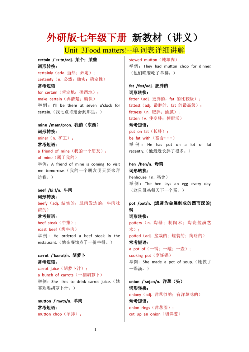 Unit3单词表逐词解析_七下外研版2026英语_2025春_13.单词表详解_Unit3Foodmatters--单词表逐词详细讲解