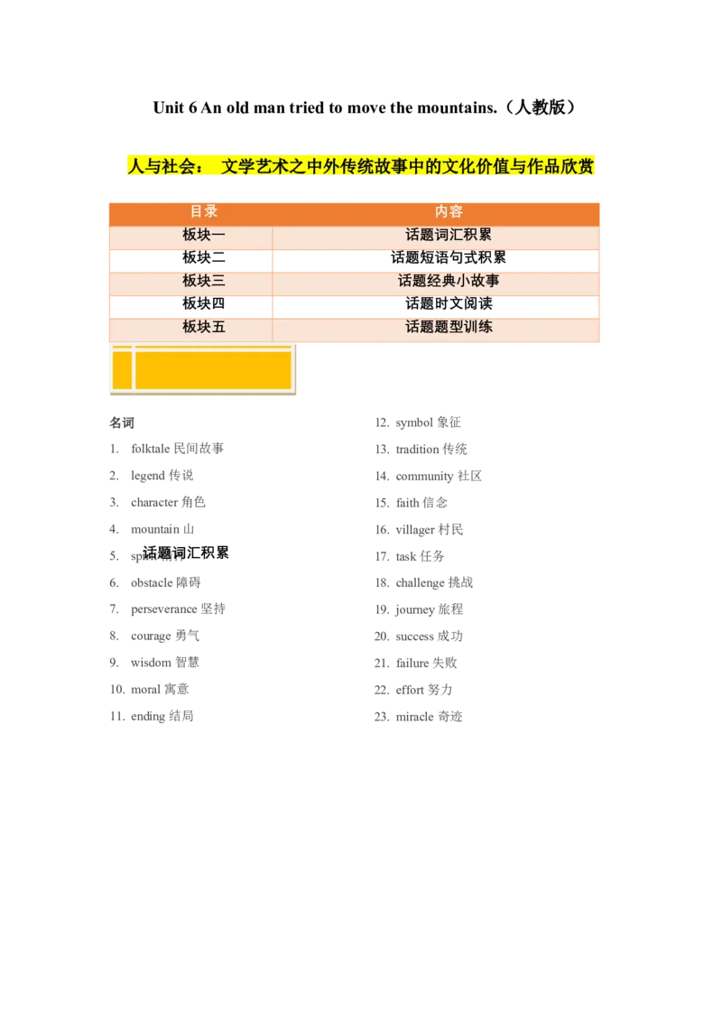 Unit6Anoldmantriedtomovethemountains.（人与社会：文学艺术之中外传统故事中的文化价值与作品欣赏）（教师版）_新人教八下资料包_00、更新资料3月16日_同步拓展阅读-V33(1)_2025版
