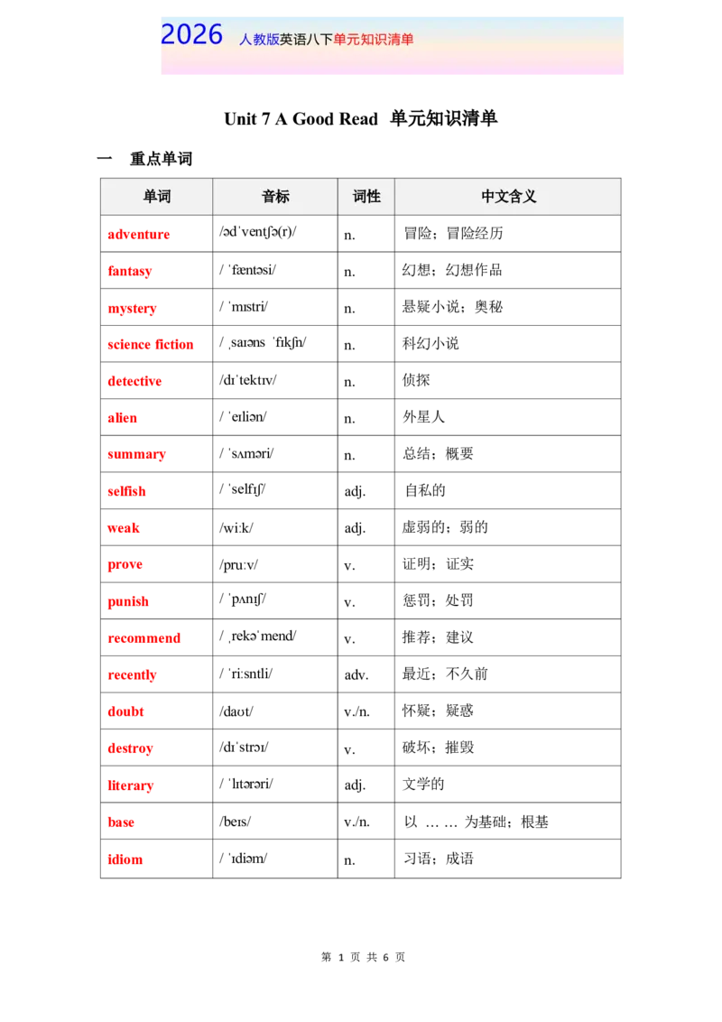 2026春人教版英语八下单元知识清单Unit7_新人教八下资料包_19知识清单（全）