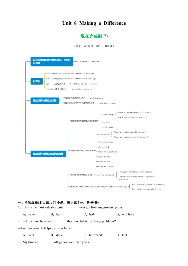 Unit8MakingaDifference单元语法（现在完成时）（原卷版）_新人教八下资料包_00、更新资料3月16日_单元语法讲义-U183_2026版