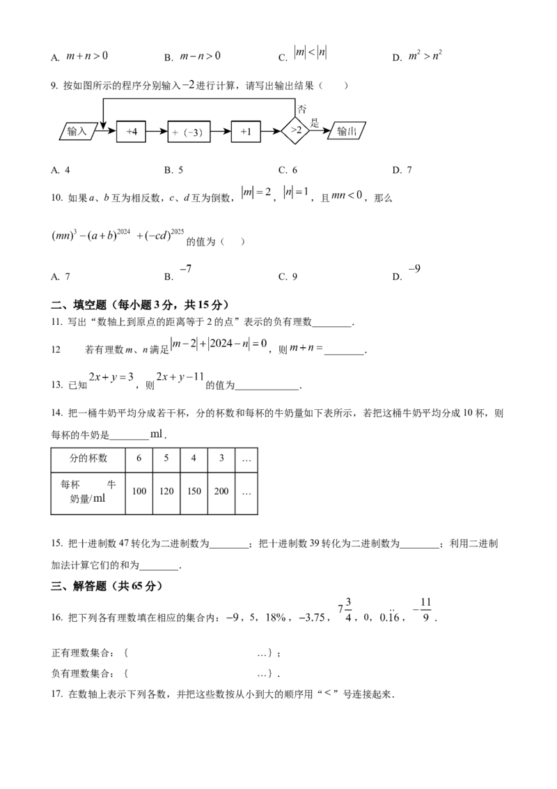 七年级上学期数学期中试卷（原卷版）_初中数学_七年级数学上册（人教版）_期中+期末