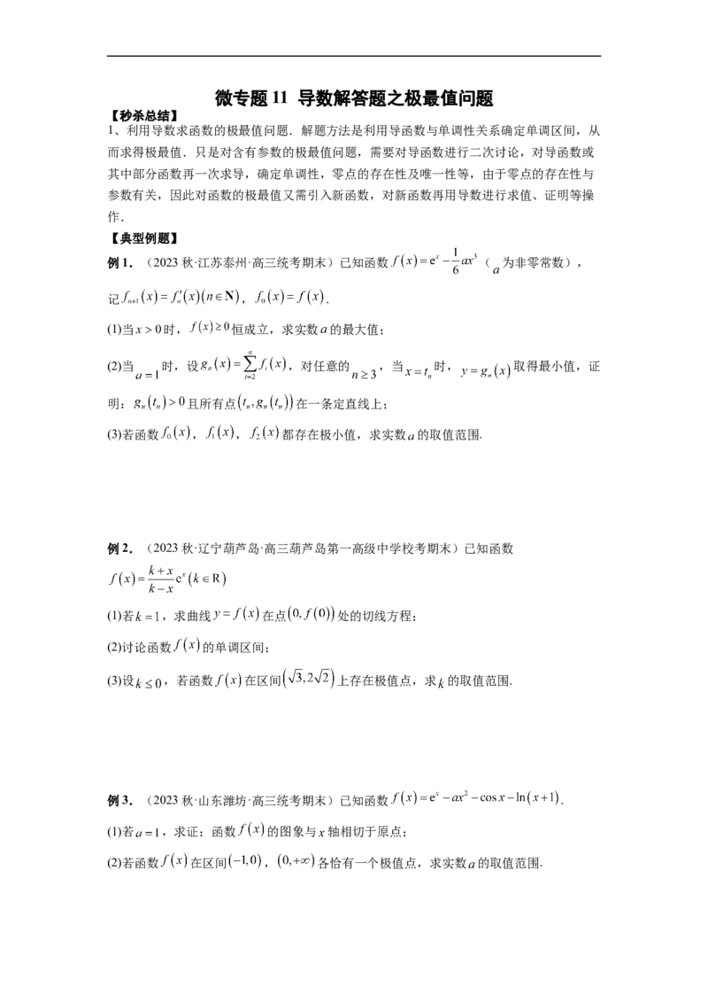 微专题11导数解答题之极最值问题（原卷版）_2.2025数学总复习_2023年新高考资料_二轮复习_2023年新高考数学二轮复习微专题