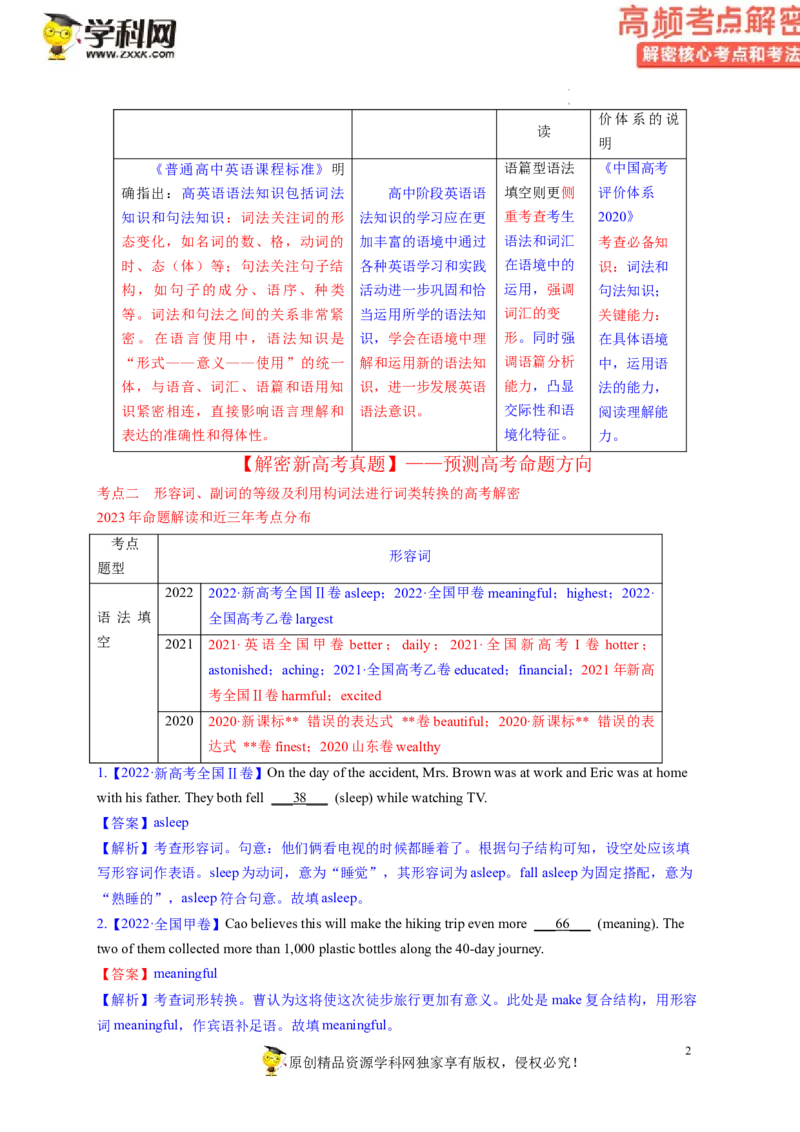 语法填空解密02--形容词、副词的等级及利用构词法进行词类转换（讲义）-高频考点解密2023年高考英语二轮复习讲义+分层训练（新高考专用）（教师版）_3.2025英语总复习_二轮复习