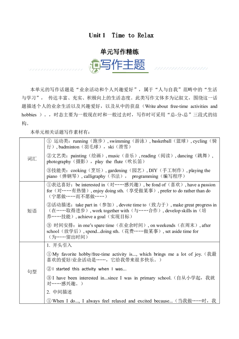 Unit1TimetoRelax业余活动与兴趣爱好（单元写作精练）（人教版2024）（原卷版）_新人教八下资料包_00、更新资料3月16日_单元写作深度指导-V34_2026版