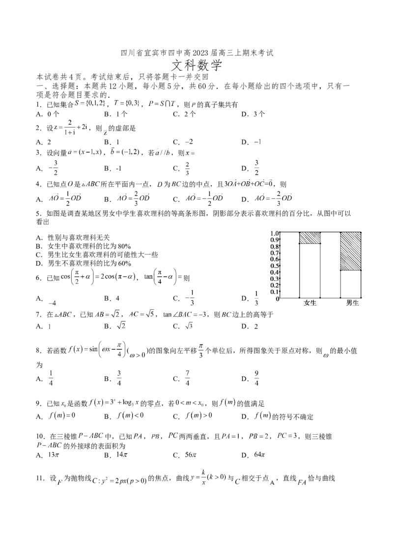 四川省宜宾市第四中学校2022-2023学年高三上学期期末考试数学（文）试题_2.2025数学总复习_数学高考模拟题_2023年模拟题_老高考