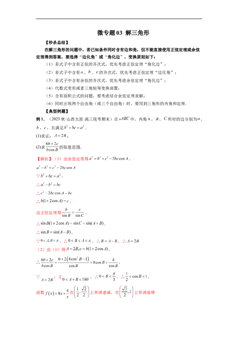 微专题03解三角形（解析版）_2.2025数学总复习_2023年新高考资料_二轮复习_2023年新高考数学二轮复习微专题