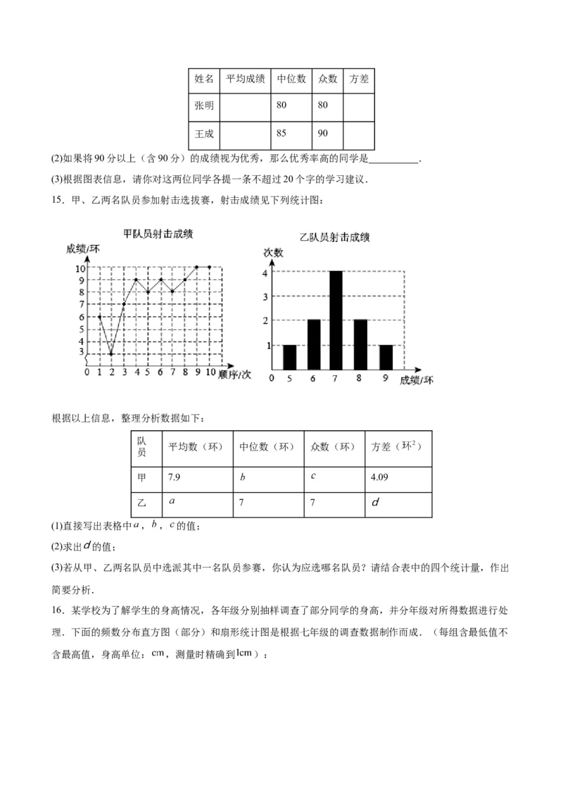 20.2.2数据的波动程度(2)（分层作业）-（人教版）（原卷版）_初中数学_八年级数学下册（人教版）_分层作业