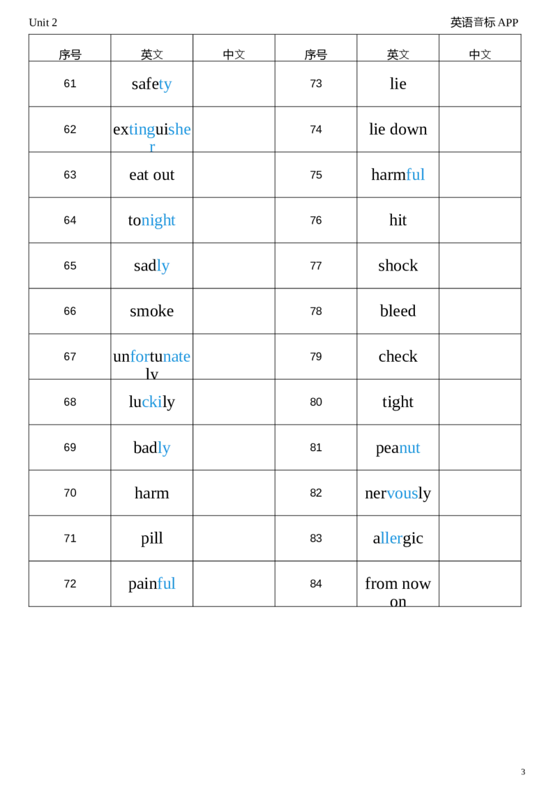 2026春人教版英语八下Unit2英译中_新人教八下资料包_04单词背诵默写8个表（全）