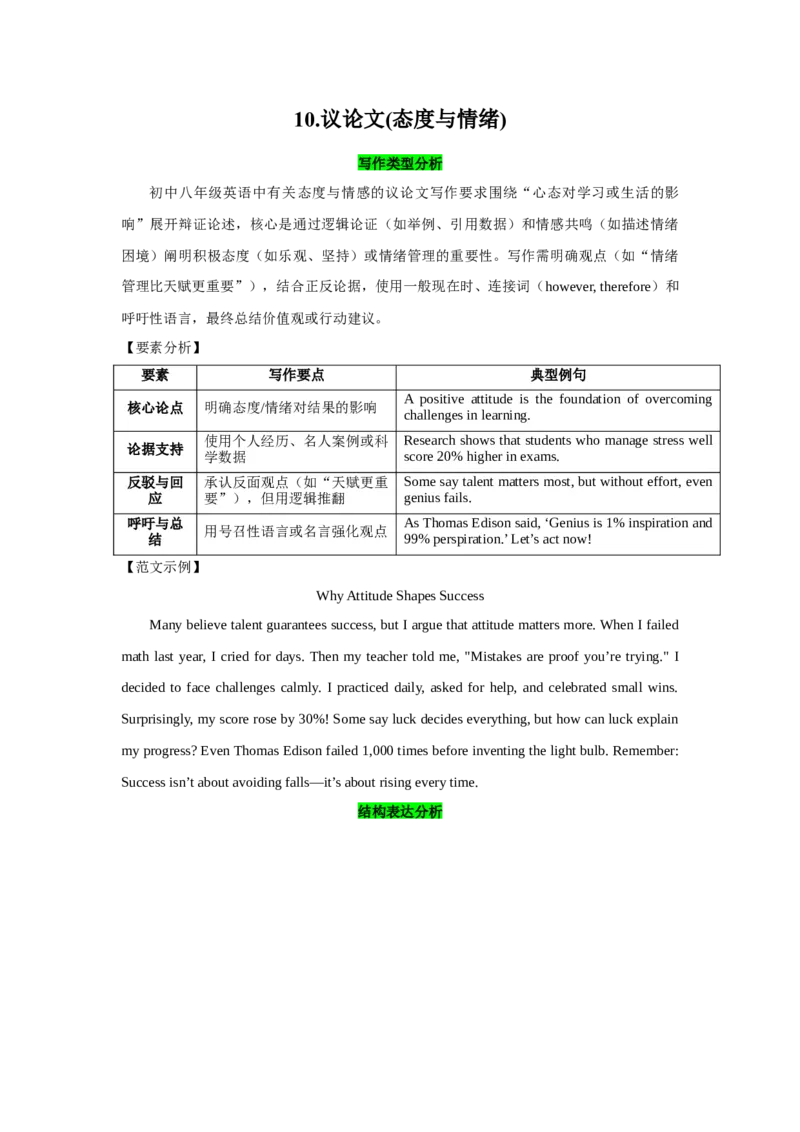 10.议论文(态度与情绪)(学生版)_新人教八下资料包_35赠送其它_八年级英语下册（人教版）_写作万能模板与题型通-U51_写作万能模板与题型通关