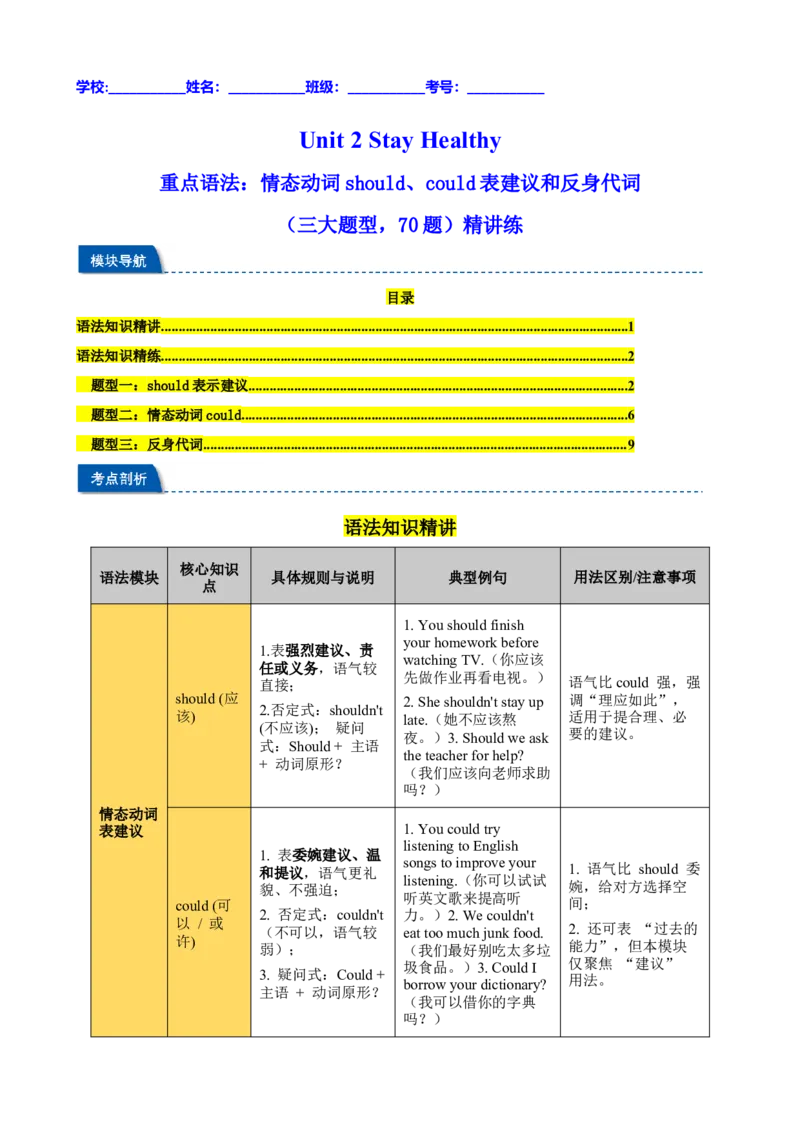 Unit2StayHealthy重点语法：情态动词should、could表建议和反身代词（三大题型，70题）精讲练（原卷版）_新人教八下资料包_00、更新资料3月16日_重难点讲练-U221_2026版