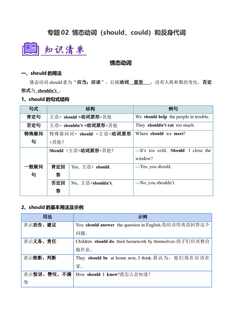 考点清单02情态动词（should，could）和反身代词（精讲精练）（教师版）_新人教八下资料包_35赠送其它_八年级英语下册（人教版）_期末专项复习-U302_2025版