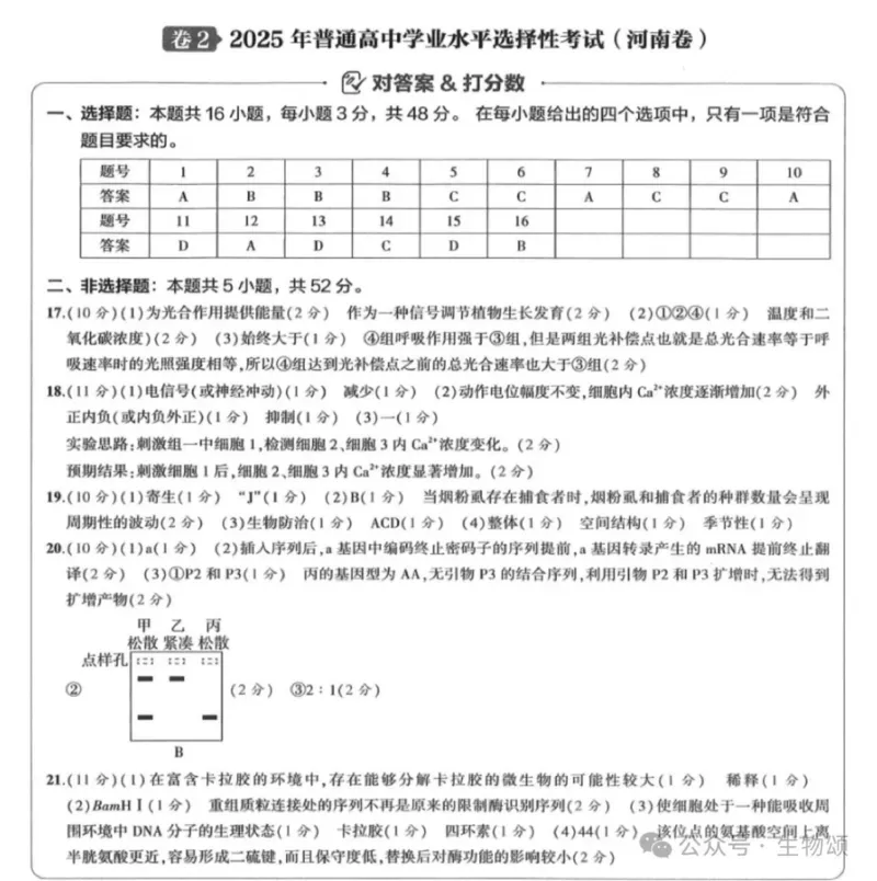 2025年河南中考生物答案完整版_2025年全国各省市全科高考真题及答案_版本二（互相补充）_6、各省市全科真题及答案（按省份分类）_14、河南卷（全科，持续更新）_生物