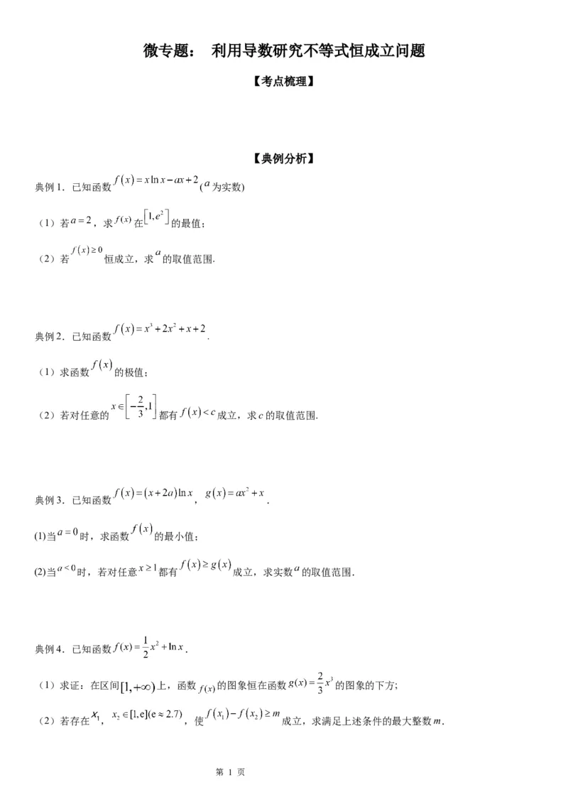 微专题利用导数研究不等式恒成立问题学案&mdash;&mdash;2023届高考数学一轮《考点&middot;题型&middot;技巧》精讲与精练_2.2025数学总复习_赠品通用版（老高考）复习资料_一轮复习