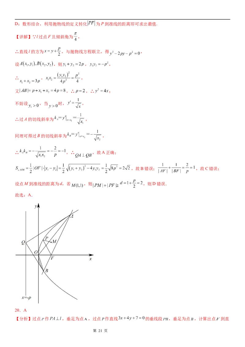 微专题抛物线上的点到定点和焦点距离的和、差最值学案&mdash;&mdash;2023届高考数学一轮《考点&middot;题型&middot;技巧》精讲与精练_2.2025数学总复习_赠品通用版（老高考）复习资料_一轮复习