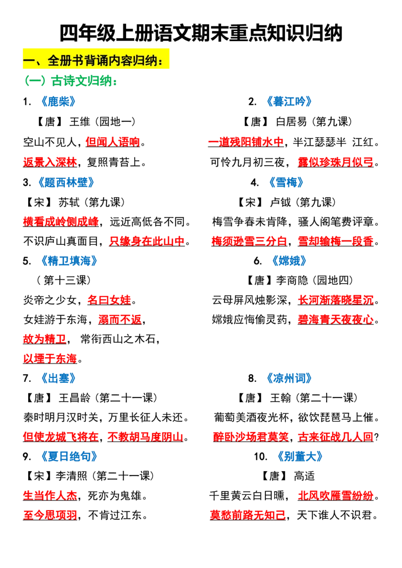 四上语文全册重点知识汇总_小学语文重点知识汇总学习(1-6年级上册)